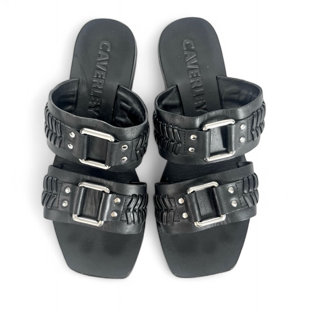 Caverley Tabby Black Leather Square Toe Silver Buckle Woven Slide Sandal 6